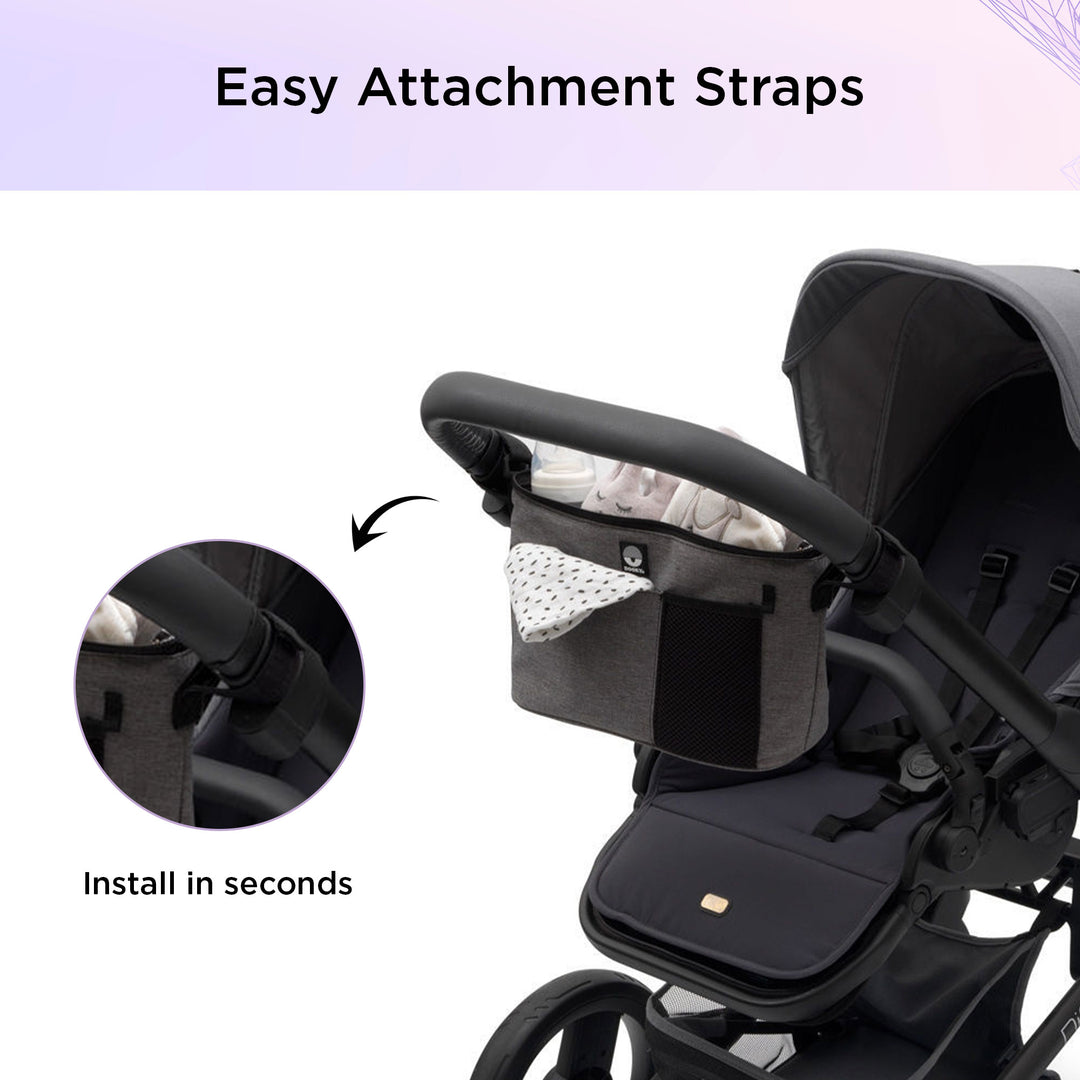 Dooky Organizer Deluxe Grey Melange – Universal Stroller Organizer Bag with Cup Holders &amp; Zipper Pocket, Baby Pram Caddy Storage for Bottles, Diapers &amp; Essentials, Fits Strollers &amp; Pushchairs