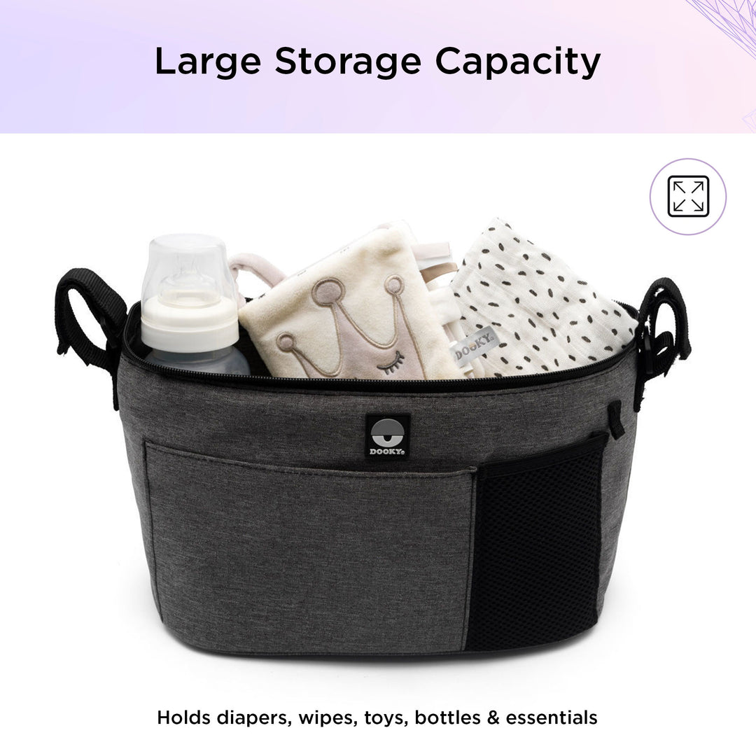 Dooky Organizer Deluxe Grey Melange – Universal Stroller Organizer Bag with Cup Holders &amp; Zipper Pocket, Baby Pram Caddy Storage for Bottles, Diapers &amp; Essentials, Fits Strollers &amp; Pushchairs