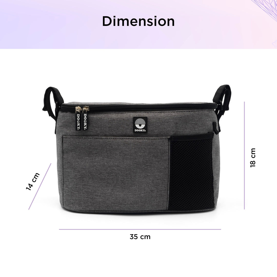 Dooky Organizer Deluxe Grey Melange – Universal Stroller Organizer Bag with Cup Holders &amp; Zipper Pocket, Baby Pram Caddy Storage for Bottles, Diapers &amp; Essentials, Fits Strollers &amp; Pushchairs