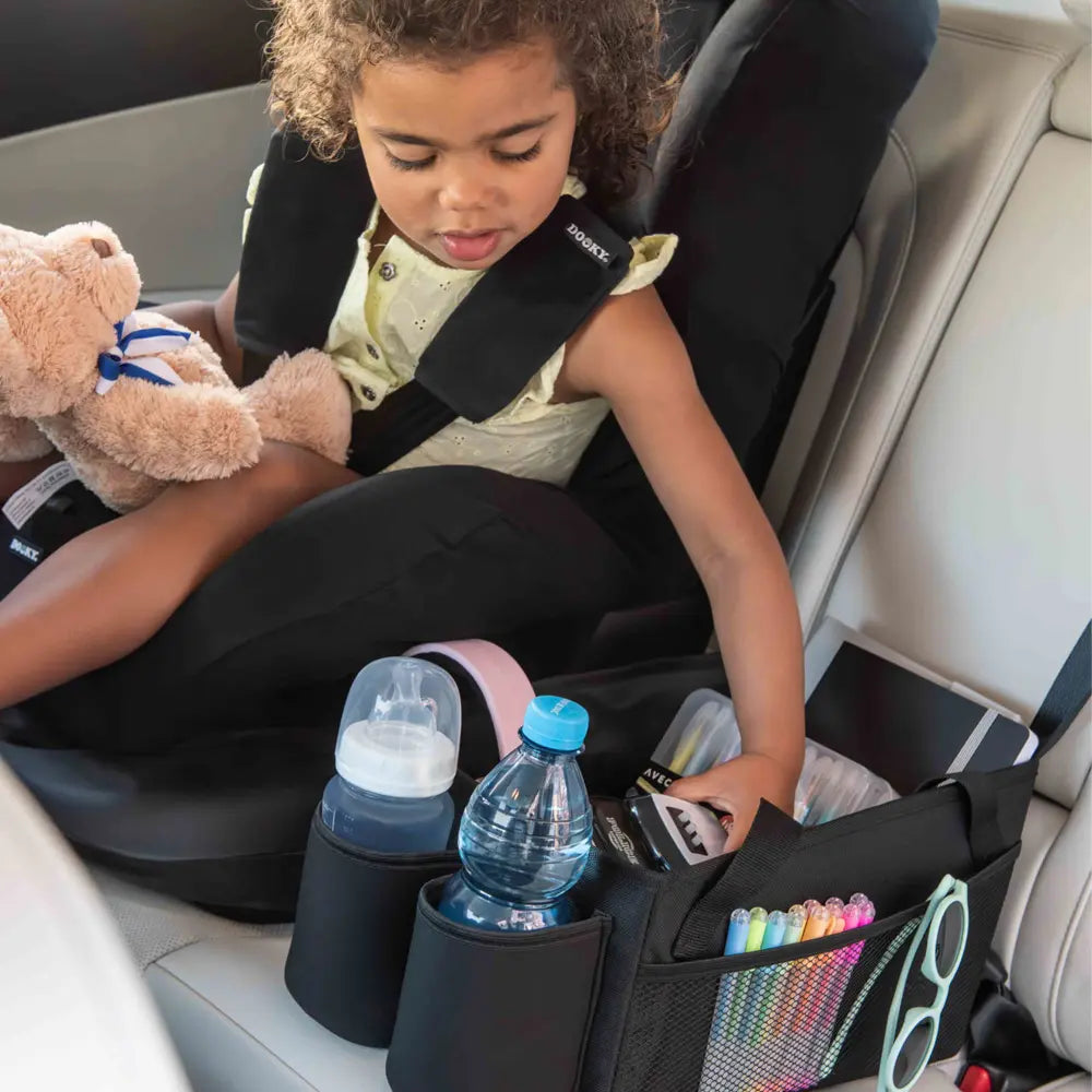Dooky Back Seat Basket for kids– Foldable Car Storage Organizer with Multi Compartments – Black