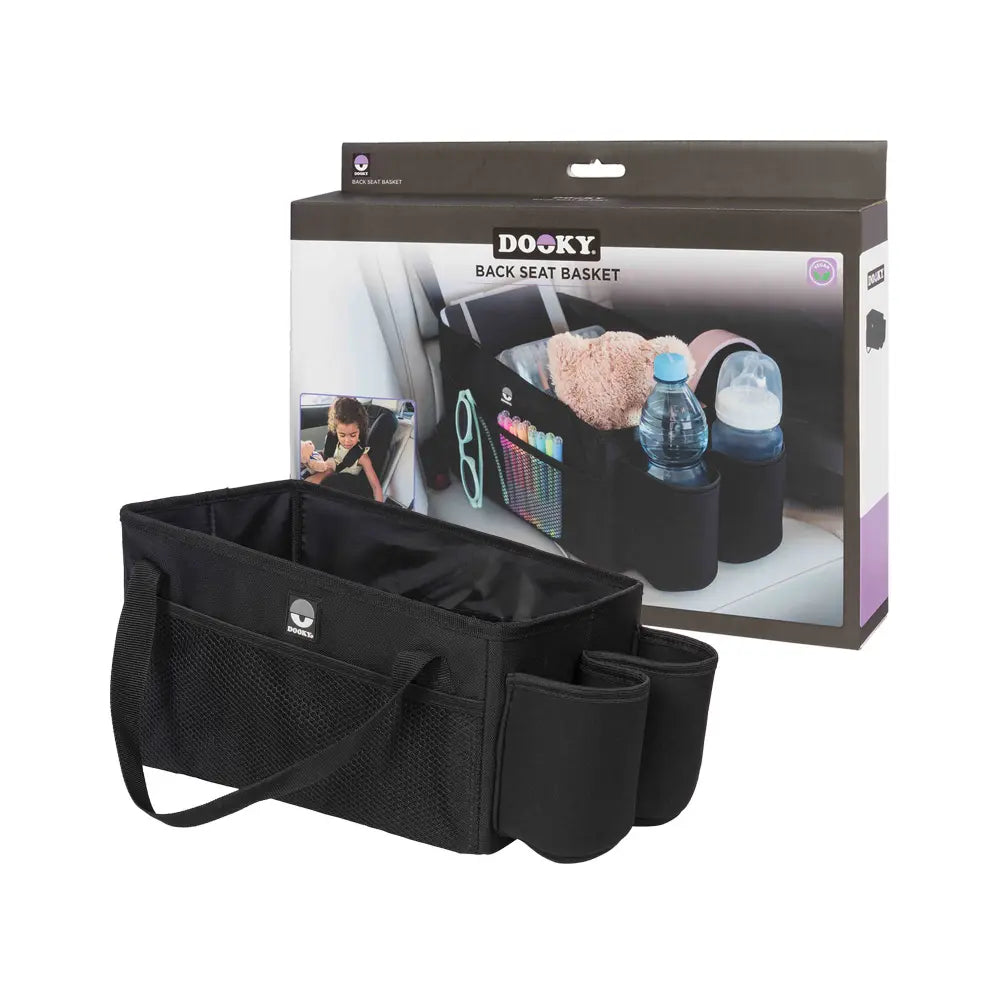 Dooky Back Seat Basket for kids– Foldable Car Storage Organizer with Multi Compartments – Black