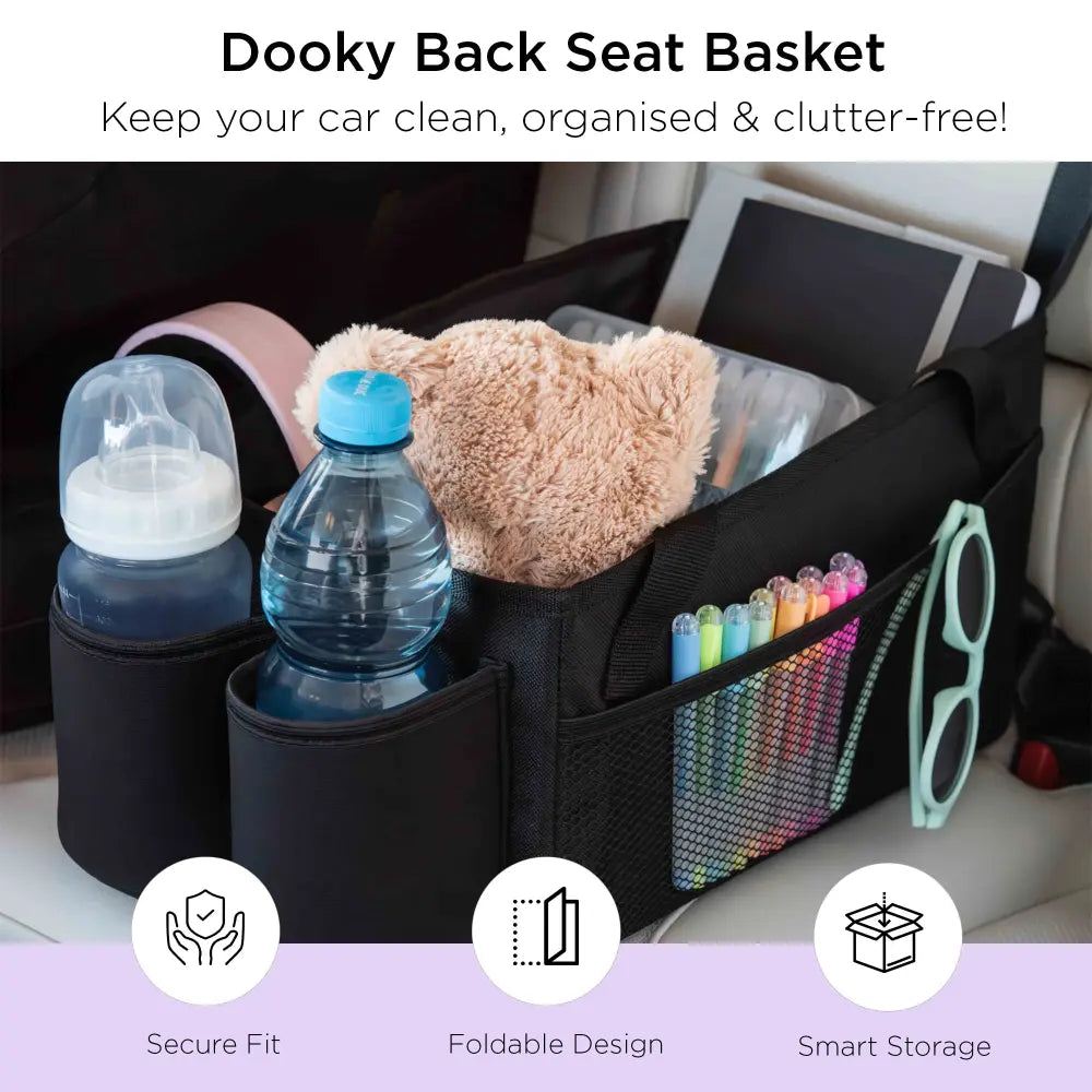 Dooky Back Seat Basket for kids– Foldable Car Storage Organizer with Multi Compartments – Black