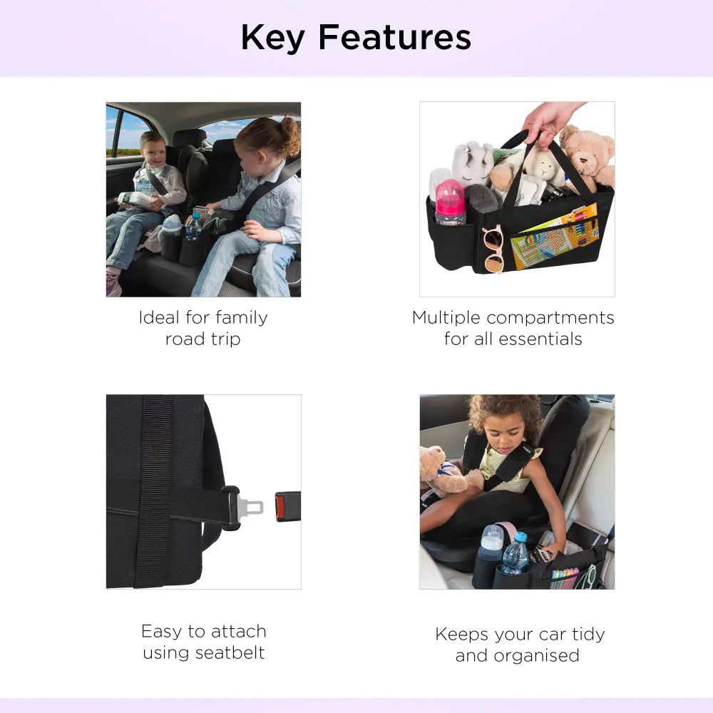 Dooky Back Seat Basket for kids– Foldable Car Storage Organizer with Multi Compartments – Black