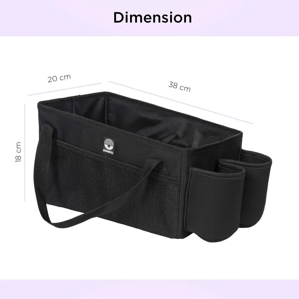 Dooky Back Seat Basket for kids– Foldable Car Storage Organizer with Multi Compartments – Black