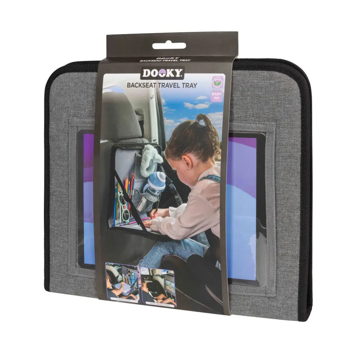 Dooky Back Seat Travel Tray for kids– Foldable Car Organizer with Tablet Holder &amp; Adjustable Table