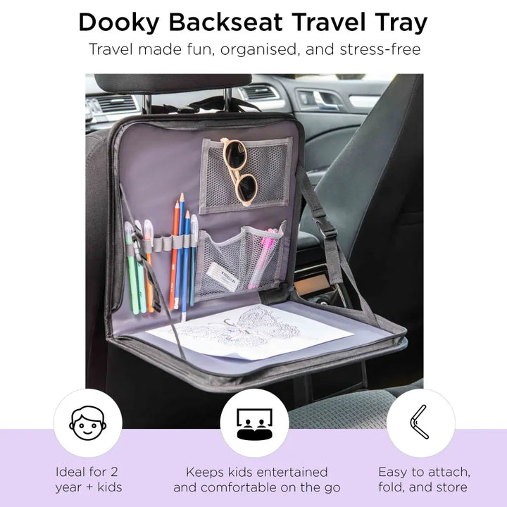 Dooky Back Seat Travel Tray for kids– Foldable Car Organizer with Tablet Holder &amp; Adjustable Table