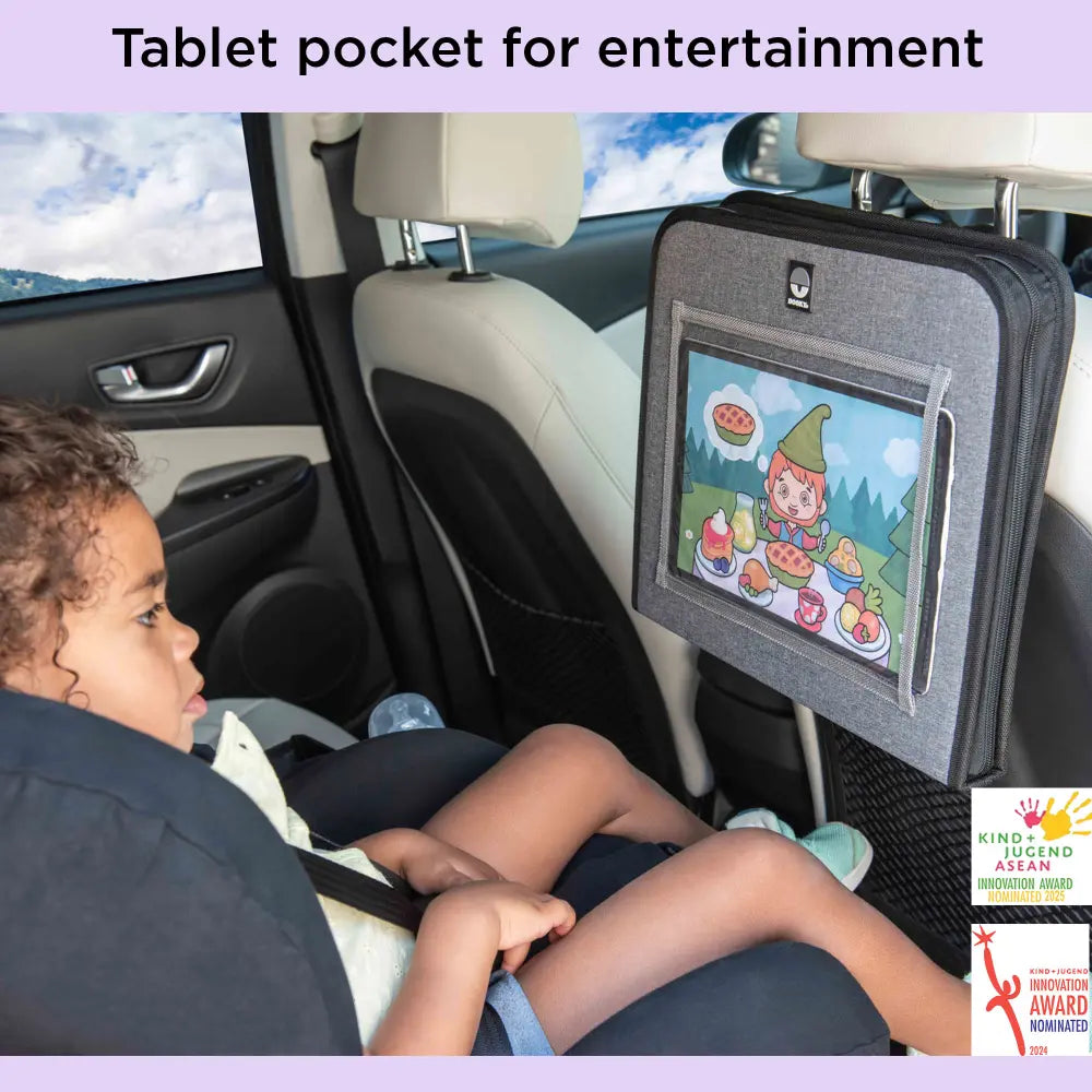 Dooky Back Seat Travel Tray for kids– Foldable Car Organizer with Tablet Holder &amp; Adjustable Table