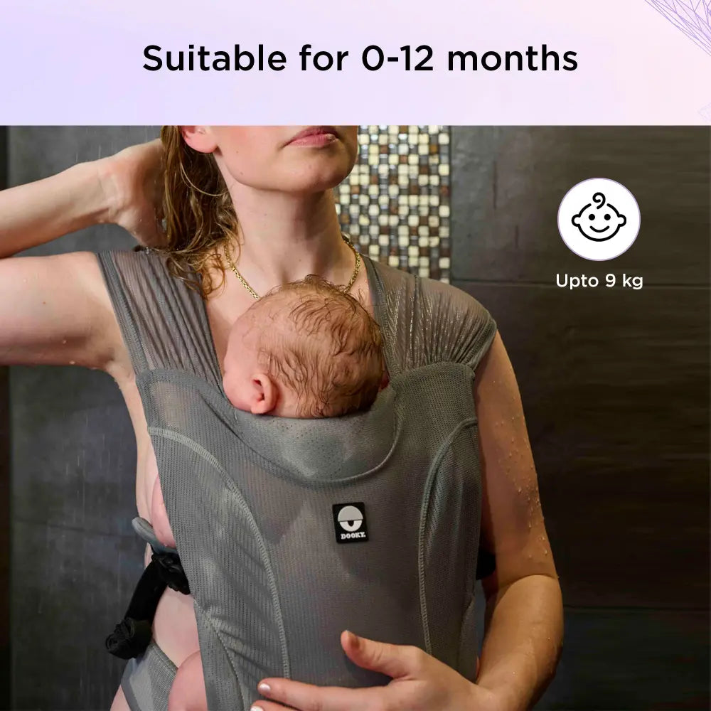 Dooky Splash Baby Carrier Grey – Lightweight &amp; Breathable Newborn Sling Wrap, Ergonomic Infant &amp; Toddler Carrier with Wide Shoulder Straps, Adjustable Waist Belt, Compact &amp; Quick-Dry Design