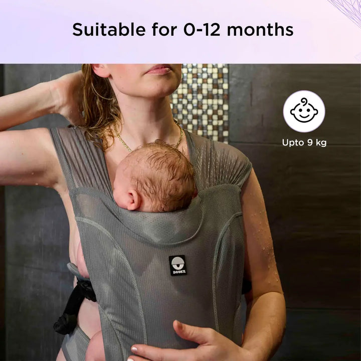 Dooky Splash Baby Carrier Grey – Lightweight &amp; Breathable Newborn Sling Wrap, Ergonomic Infant &amp; Toddler Carrier with Wide Shoulder Straps, Adjustable Waist Belt, Compact &amp; Quick-Dry Design