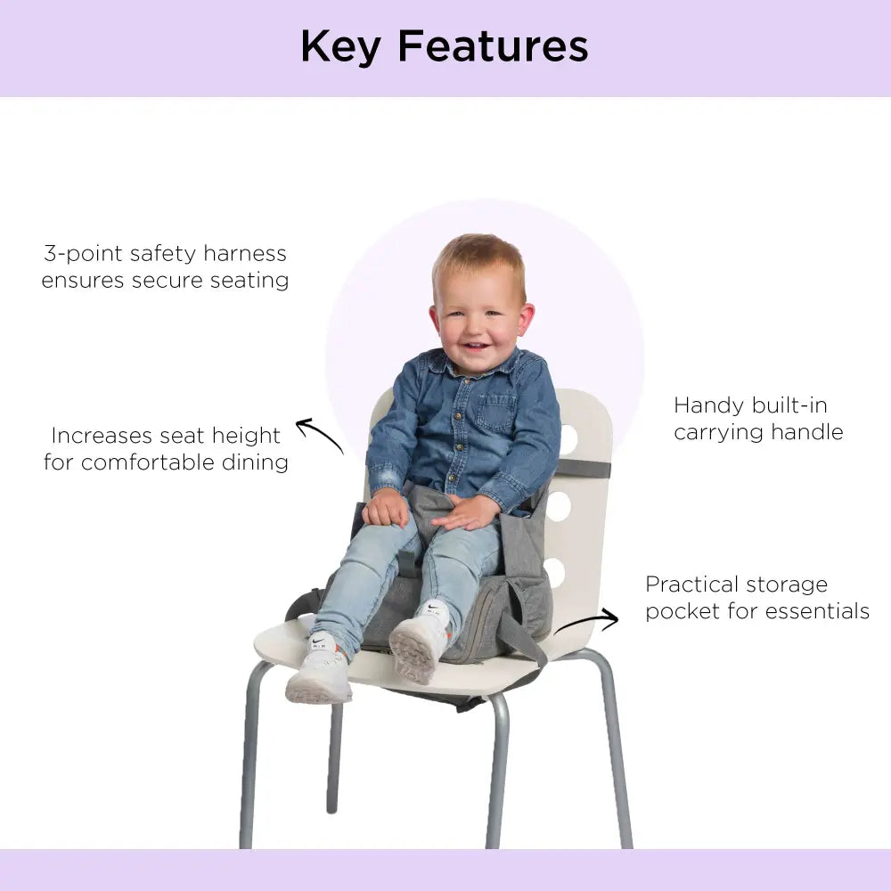 Dooky Booster Seat – Portable Travel Feeding Chair with 3-Point Safety Harness &amp; Storage Pocket for Toddlers
