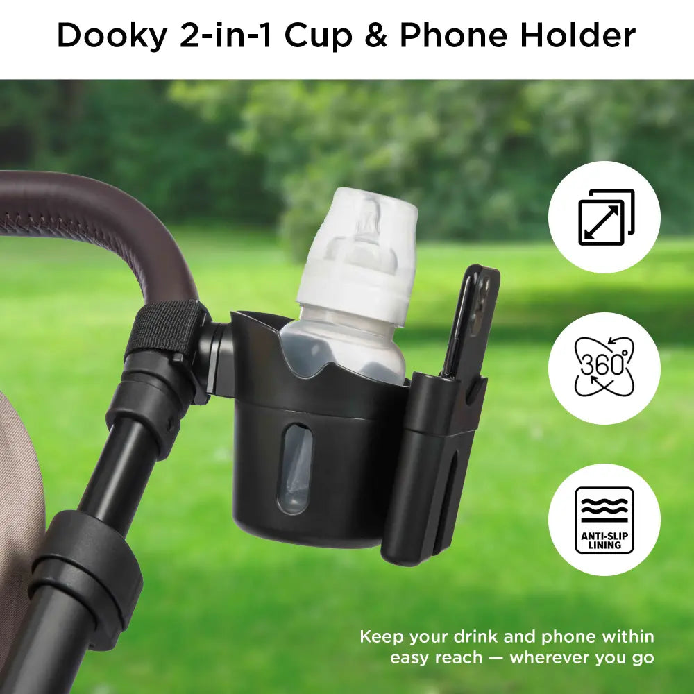 Dooky 2-in-1 Stroller Cup &amp; Phone Holder | Universal - Black