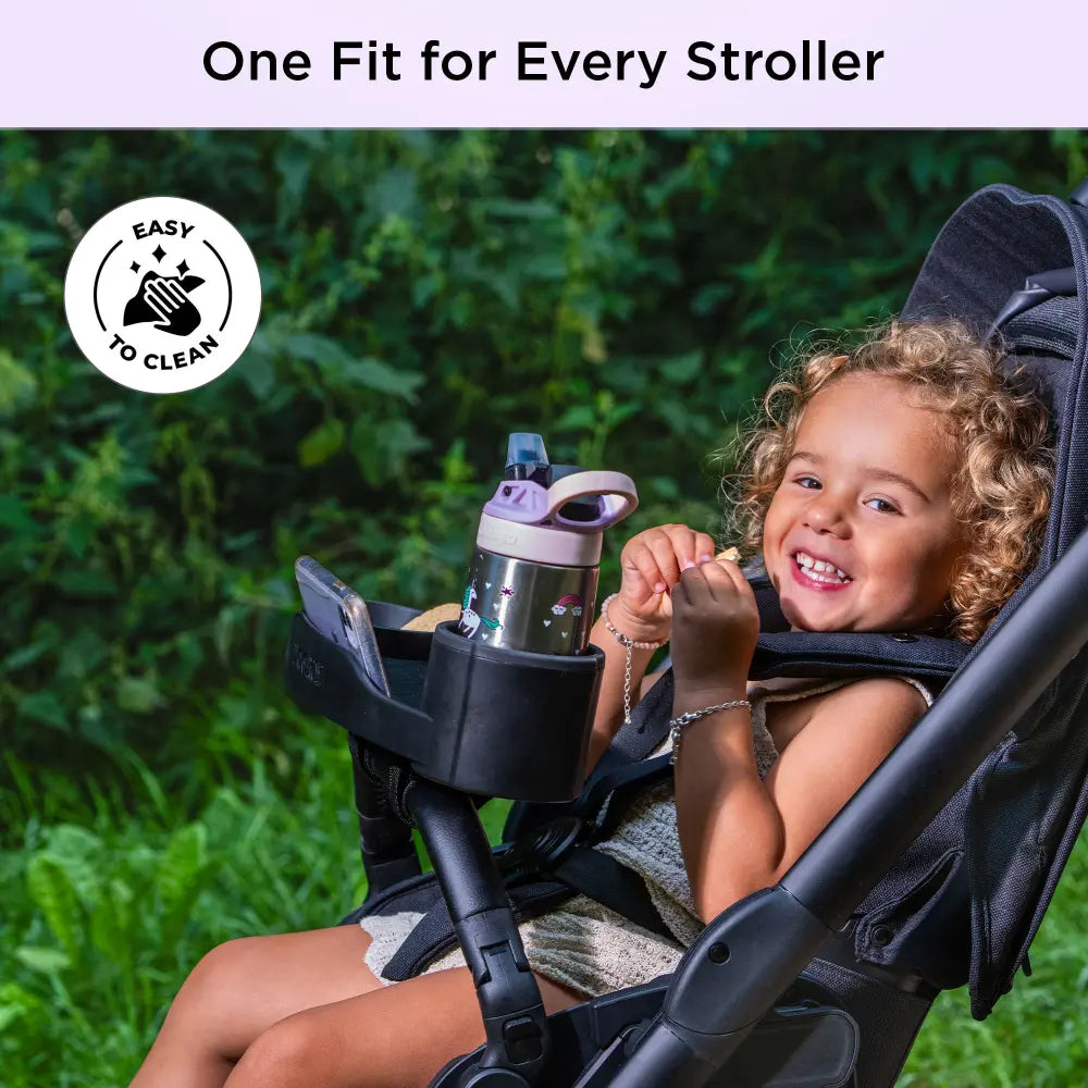 Dooky Stroller Snack Tray with Cup Holder &amp; Phone Holder, Universal Baby Stroller Activity Tray, Food &amp; Toy Organizer for Kids Travel - (Black)