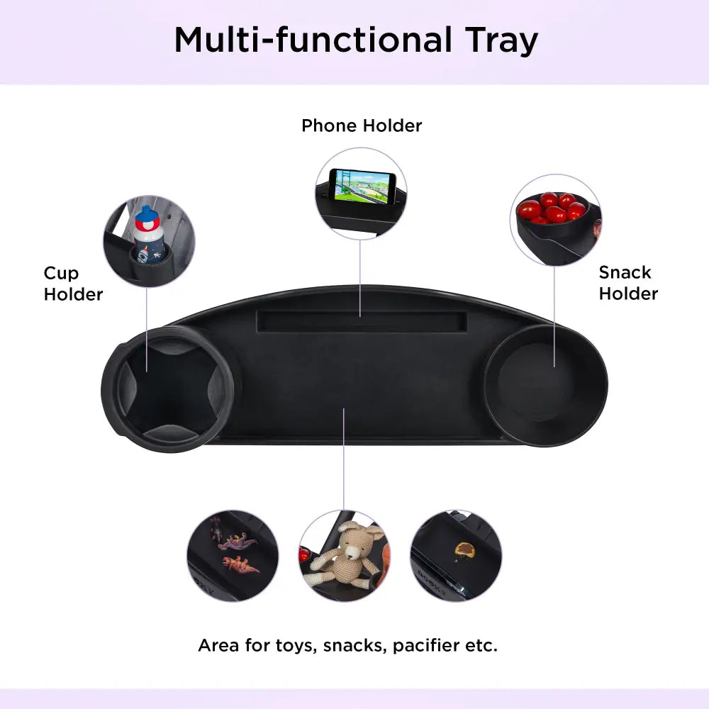 Dooky Stroller Snack Tray with Cup Holder &amp; Phone Holder, Universal Baby Stroller Activity Tray, Food &amp; Toy Organizer for Kids Travel - (Black)