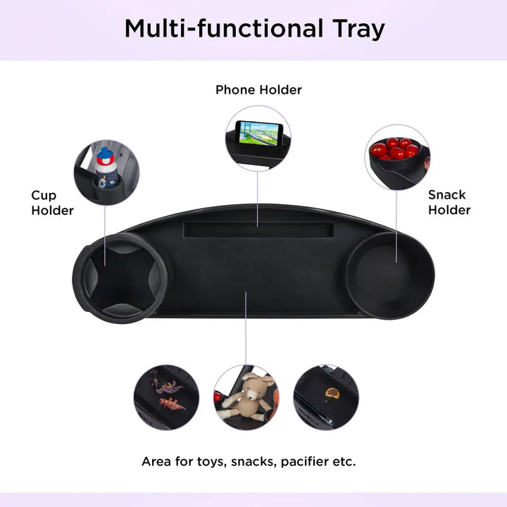 Dooky Stroller Snack Tray with Cup Holder &amp; Phone Holder, Universal Baby Stroller Activity Tray, Food &amp; Toy Organizer for Kids Travel - (Black)