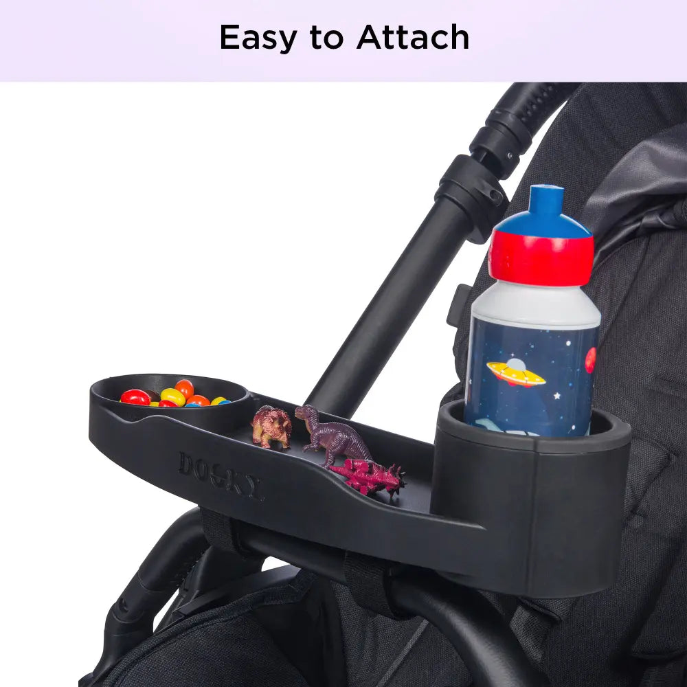 Dooky Stroller Snack Tray with Cup Holder &amp; Phone Holder, Universal Baby Stroller Activity Tray, Food &amp; Toy Organizer for Kids Travel - (Black)