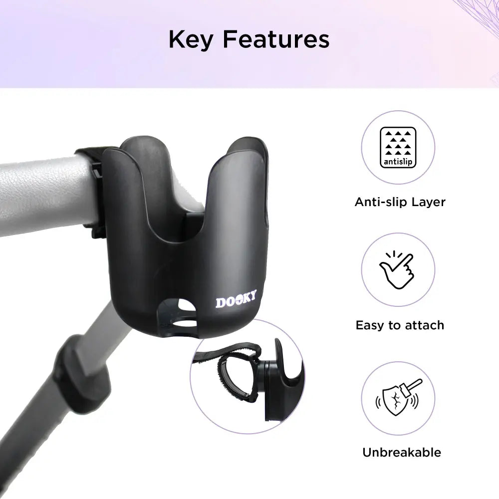 Dooky Universal Stroller Cup Holder – 360° Adjustable Anti-Slip Pram Bottle Holder, Unbreakable Drink &amp; Coffee Cup Stand for Baby Stroller &amp; Bicycle