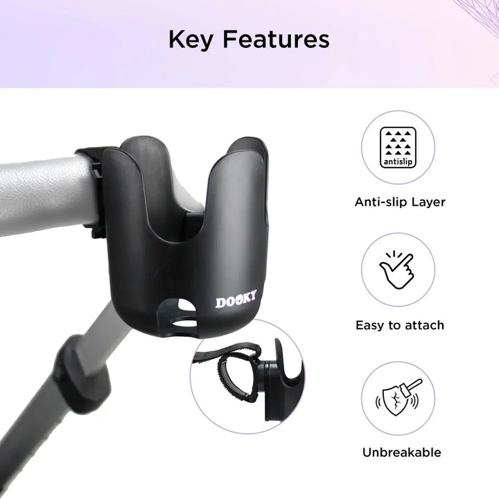 Dooky Universal Stroller Cup Holder – 360° Adjustable Anti-Slip Pram Bottle Holder, Unbreakable Drink &amp; Coffee Cup Stand for Baby Stroller &amp; Bicycle