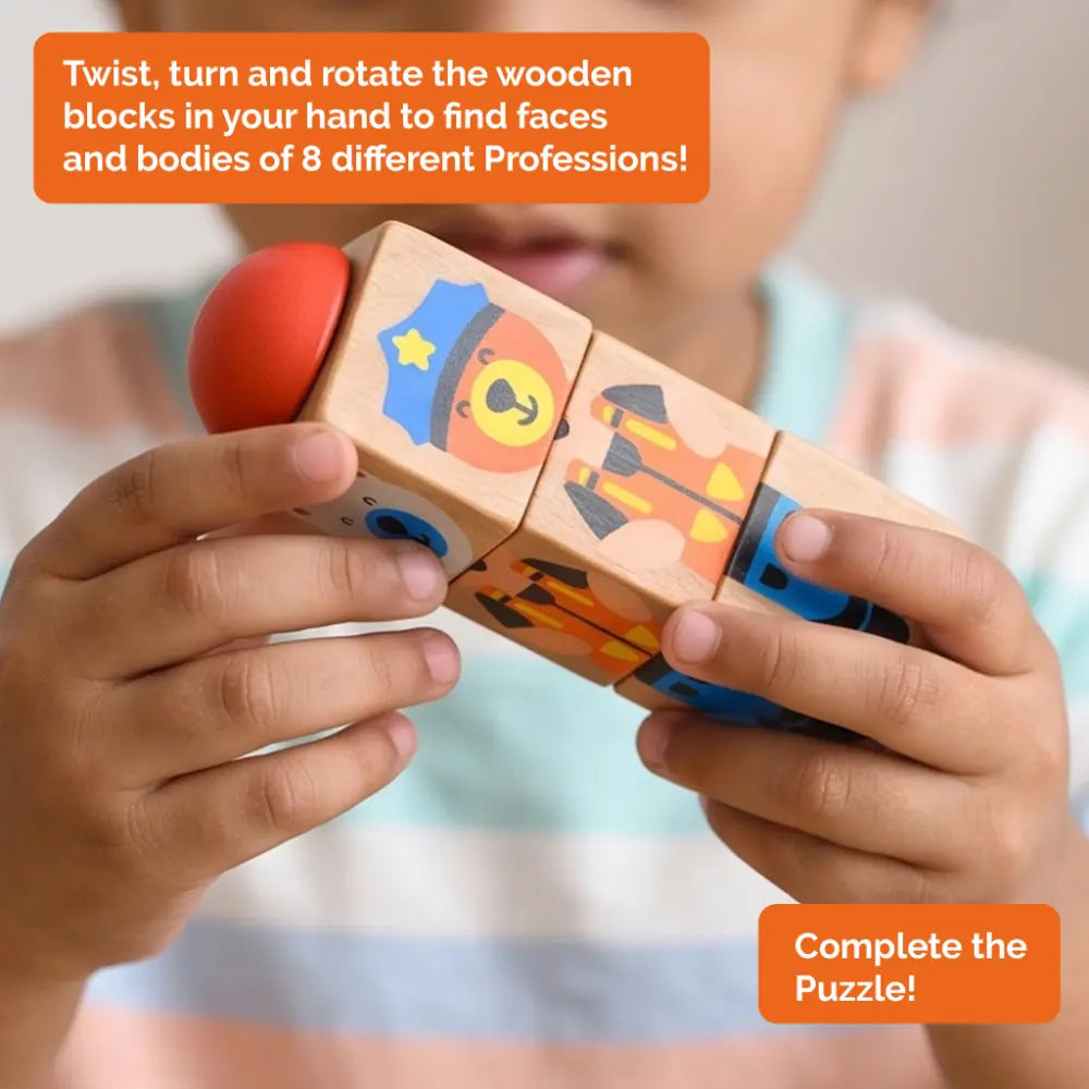 Shumee Wooden Professions Rotating Flipping Blocks Toy – Interactive Mix &amp; Match Community Helpers Puzzle for Toddlers (1 to 3 Years)