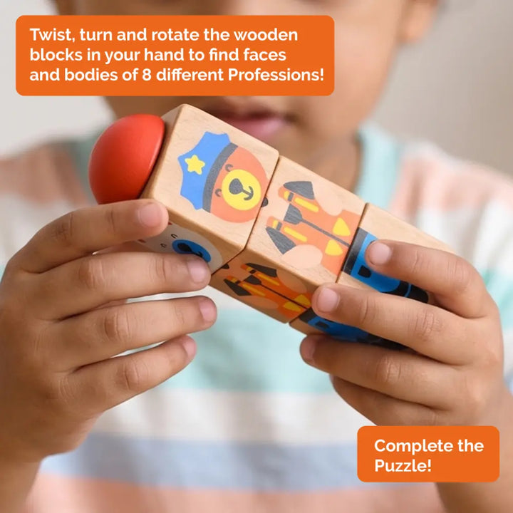 Shumee Wooden Professions Rotating Flipping Blocks Toy – Interactive Mix &amp; Match Community Helpers Puzzle for Toddlers (1 to 3 Years)