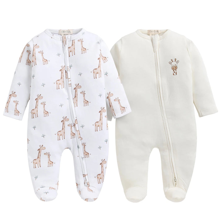 Cot &amp; Candy Baby Organic Footed Zipsuit - Giraffe print + Snow white Chest Embroidery