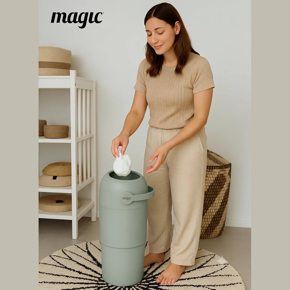 Magic THOTH M Diaper Pail, Odorless Nappy Bin, Compact &amp; Space-Saving Design, Compatible with Regular Plastic Bags, Converts for 2nd Life Use, Holds Up to 25 Newborn Diapers - Lichen