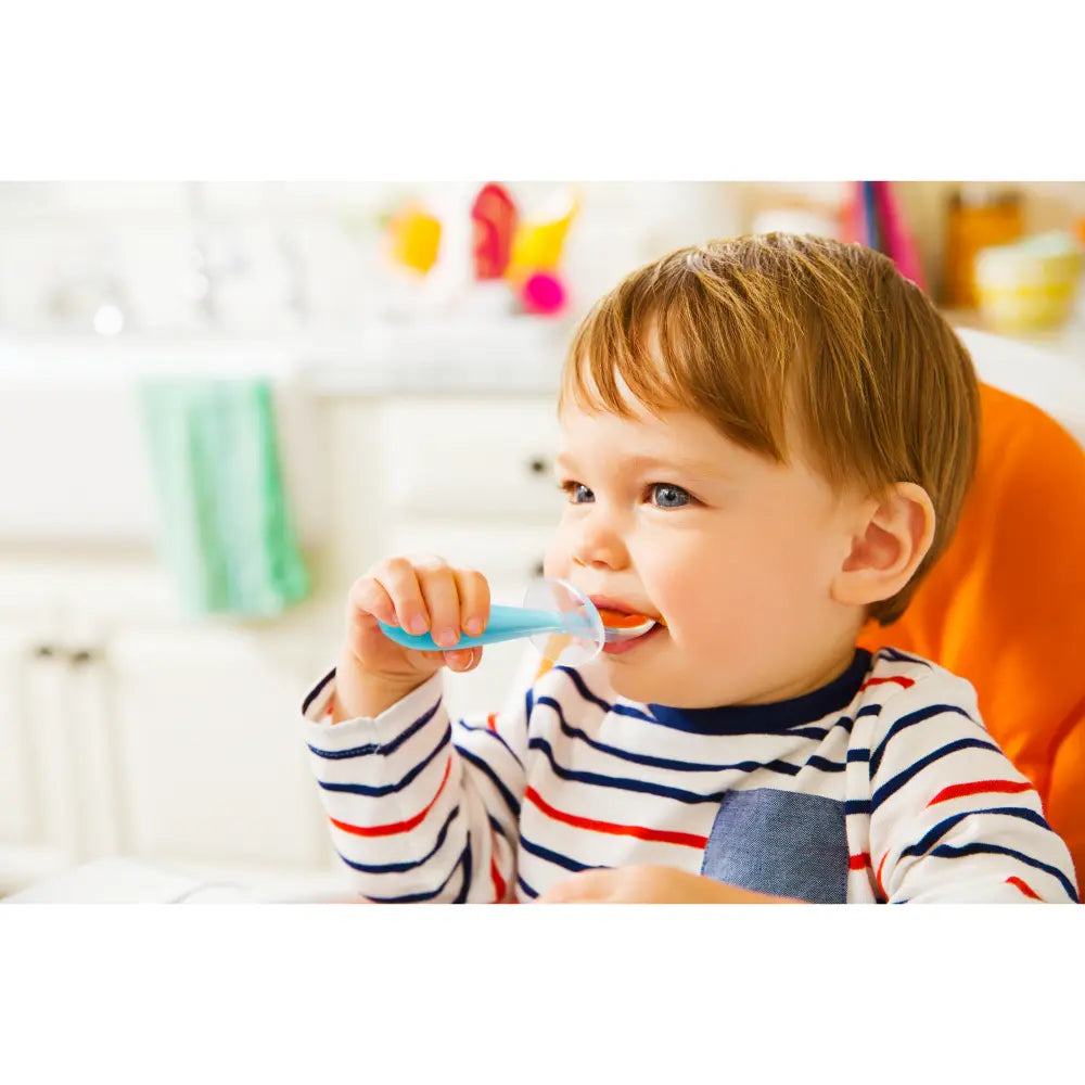 Munchkin Gentle Silicone Training Spoon Set – Anti-Choking Self-Feeding Spoons with Spoon Rest, BPA-Free, 6+ Months - Green &amp; Blue