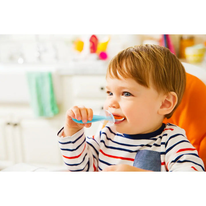 Munchkin Gentle Silicone Training Spoon Set – Anti-Choking Self-Feeding Spoons with Spoon Rest, BPA-Free, 6+ Months - Green &amp; Blue