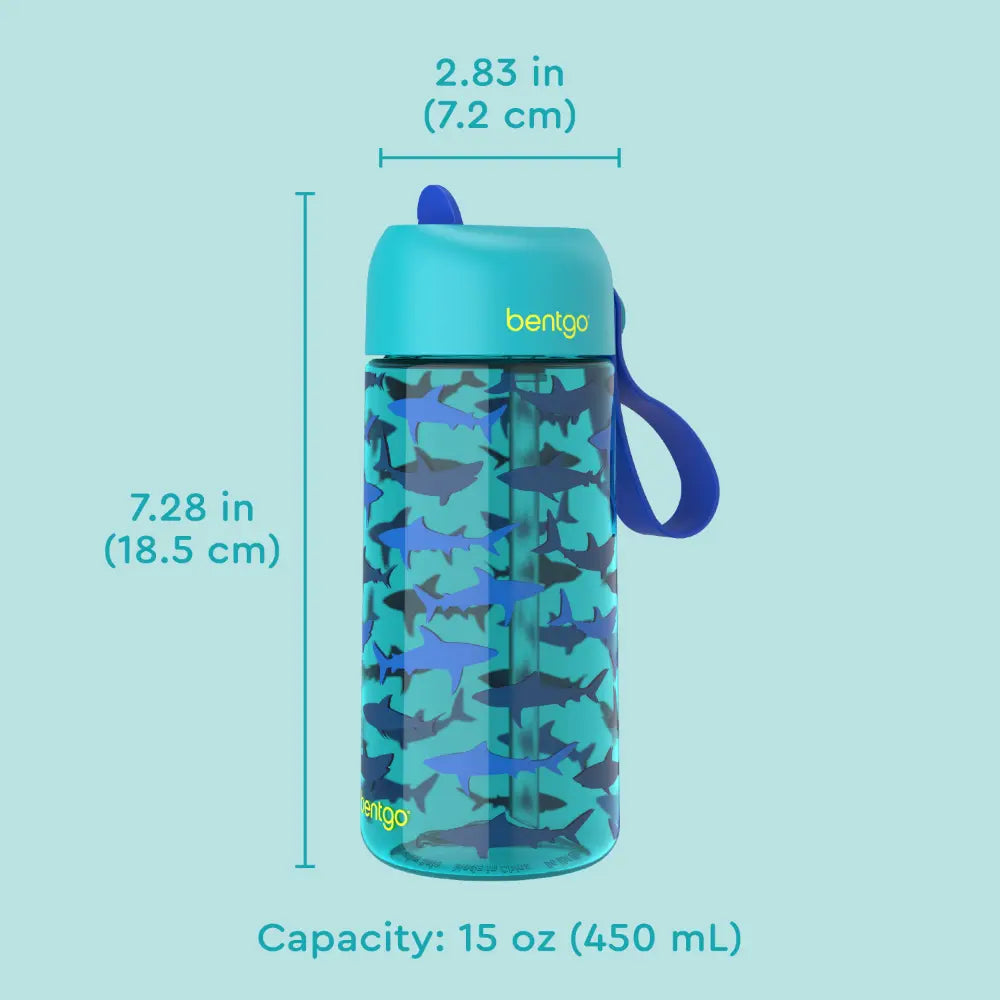 Bentgo Kids Water Bottle 450 ml, Leak-Proof Straw Bottle for Kids, Lightweighted &amp; Durable, BPA &amp; PFAS-Free Tritan Water Bottle, Ideal for School, Daycare &amp; Travel, 3 years+ - Sharks
