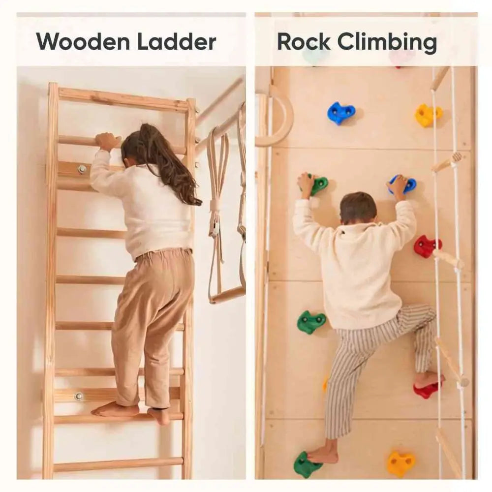 Curious Cub Space Saver Jungle Gym 3 | 6 Components - Wooden Ladder | Rock Climbing | Wobble Ladder | Monkey Bar | Gymnastics Ring | Disk Swing | Ages 4-15 Years