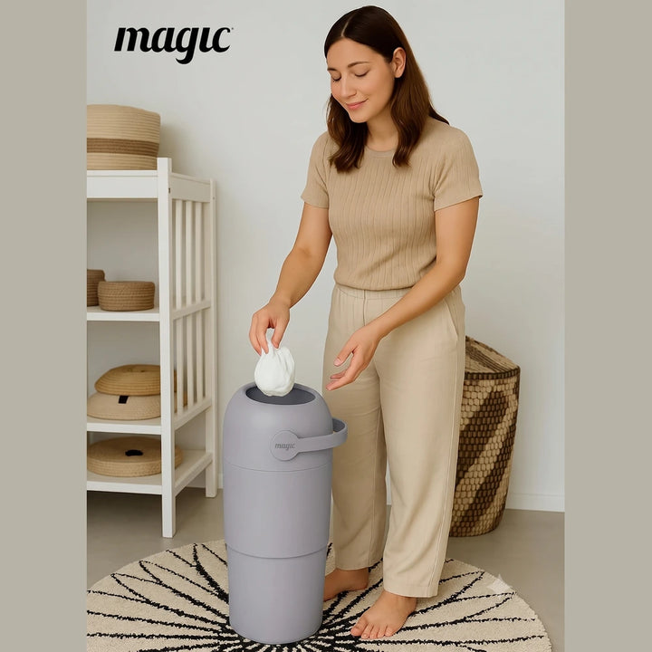 Magic THOTH M Diaper Pail, Odorless Nappy Bin, Compact &amp; Space-Saving Design, Compatible with Regular Plastic Bags, Converts for 2nd Life Use, Holds Up to 25 Newborn Diapers - Concrete