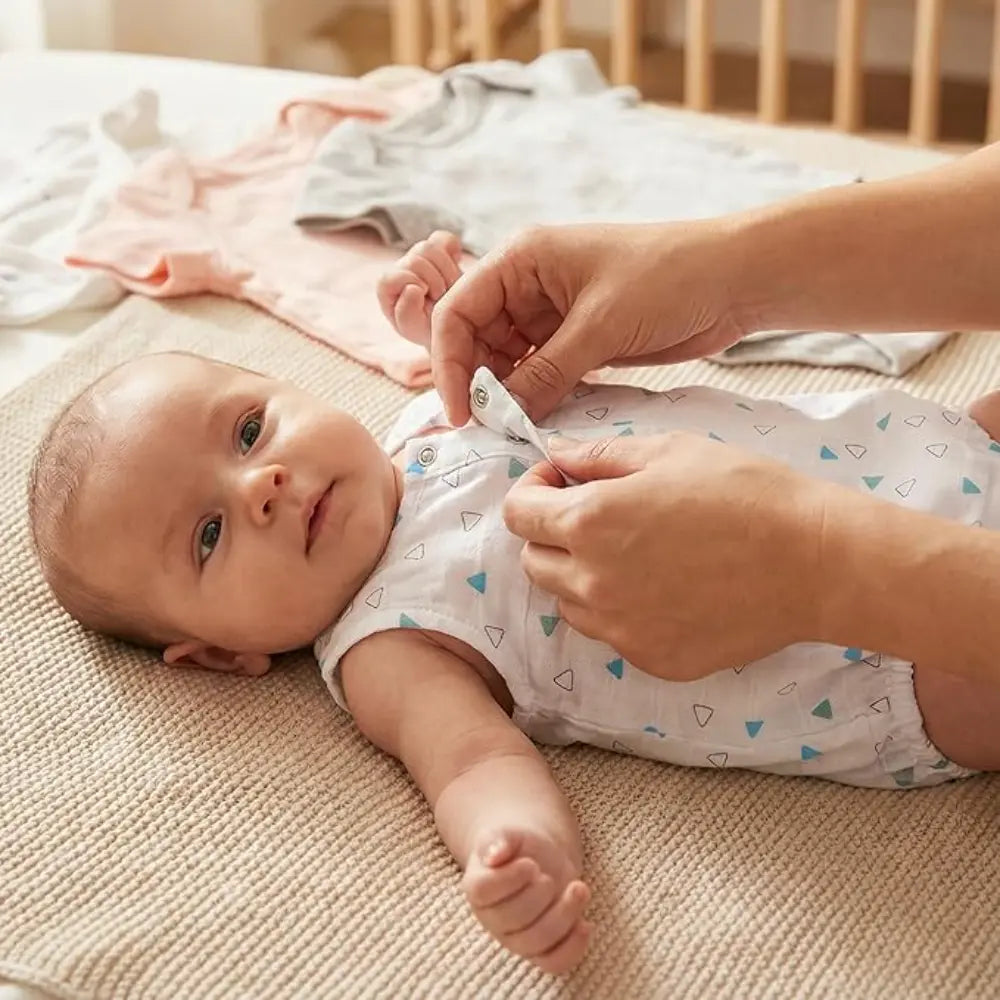 The White Cradle Organic Cotton Baby Romper for Newborn Baby Boy &amp; Girl | Pack of 2 Blue Triangle with Car Infant Rompers | Snap Button Crotch for Easy Diaper Change | Soft Summer Baby Outfit
