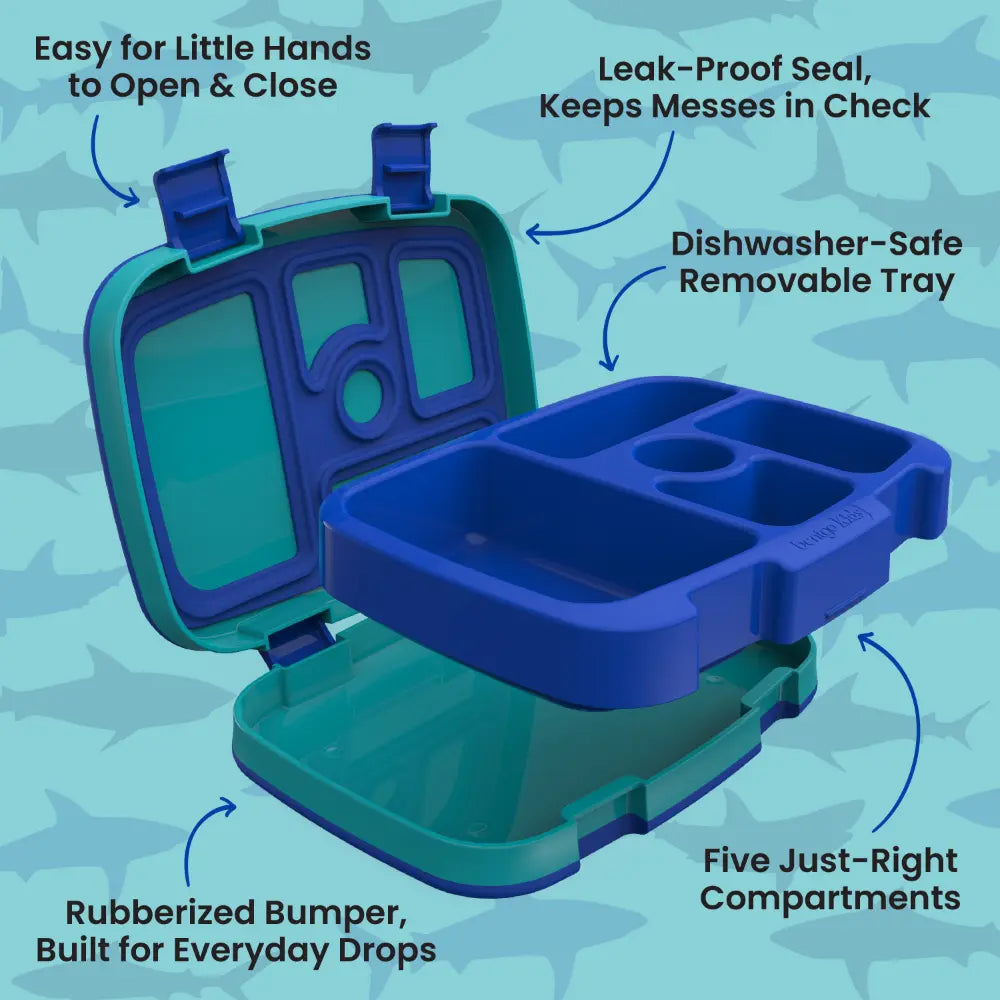 Bentgo Kids Prints with 5 Compartments, Leak-Proof Bento Lunch Box, BPA &amp; PFAS-Free, Microwave &amp; Dishwasher Safe Tray,  3–7 Years - Sharks