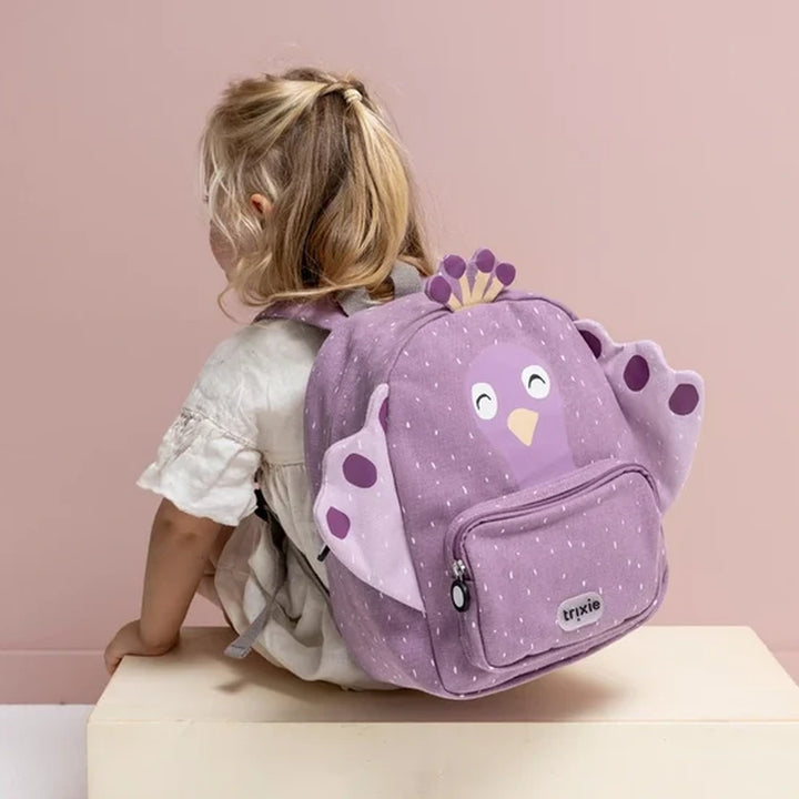 Trixie Kids Backpack | Lightweight Water-Repellent School &amp; Travel Bag with Adjustable Padded Straps, Front Pocket &amp; Name Tag for Toddlers and Preschoolers | 3 Years Onwards | Mrs. Peacock