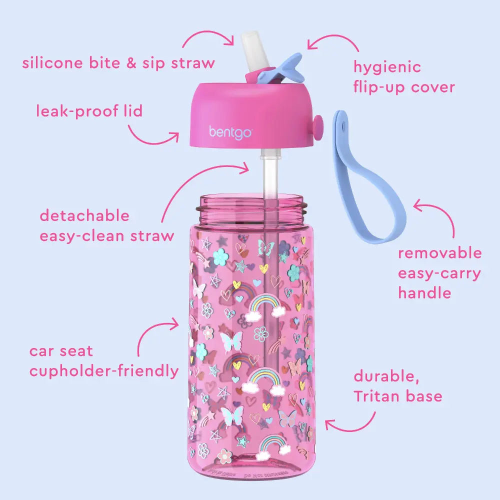 Bentgo Kids Water Bottle 450 ml, Leak-Proof Straw Bottle for Kids, Lightweighted &amp; Durable, BPA &amp; PFAS-Free Tritan Water Bottle, Ideal for School, Daycare &amp; Travel, 3 years+ - Rainbow and Butterflies