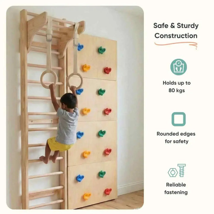 Curious Cub Space Saver Jungle Gym 1 | 4 Components - Wooden Ladder, Moveable Monkey Bar, Rock Climbing, Gymnastic Rings | Ages 4-15 Years
