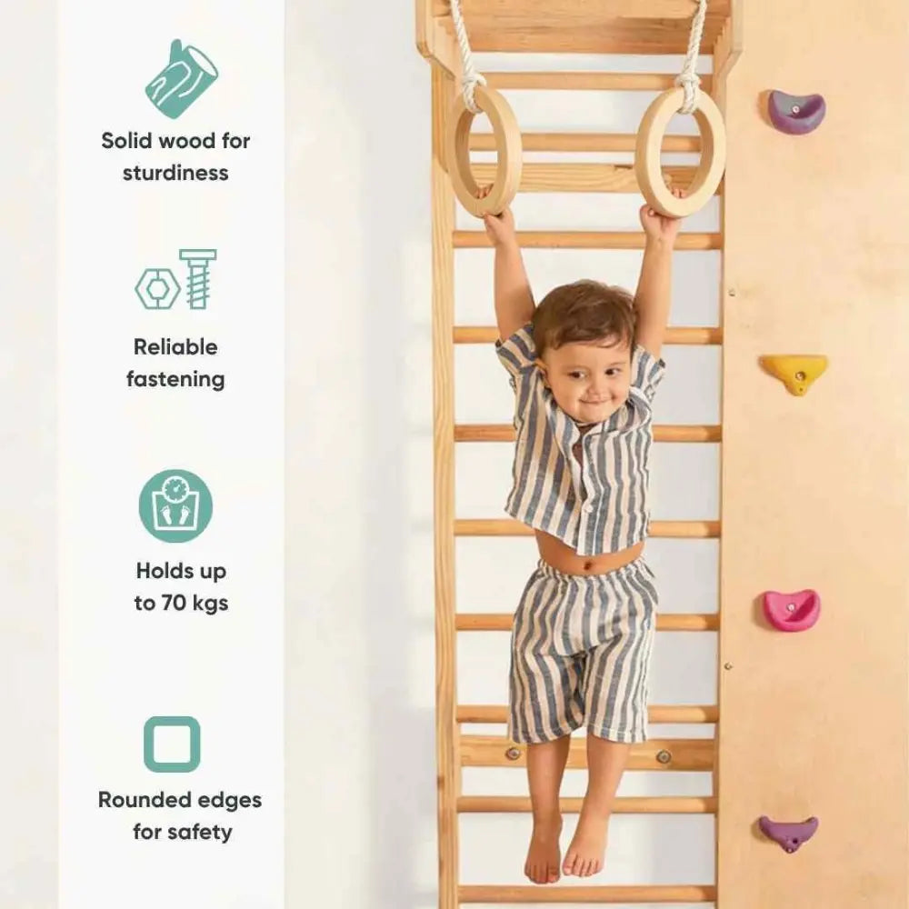 Curious Cub Wall Mounted Indoor Jungle Gym | Including 5 Activities - Monkey Bar, Rope Climbing, Rock Cimbing, Gymnastic Rings and Wooden Ladder | Active Play | Ages 2-9 Years