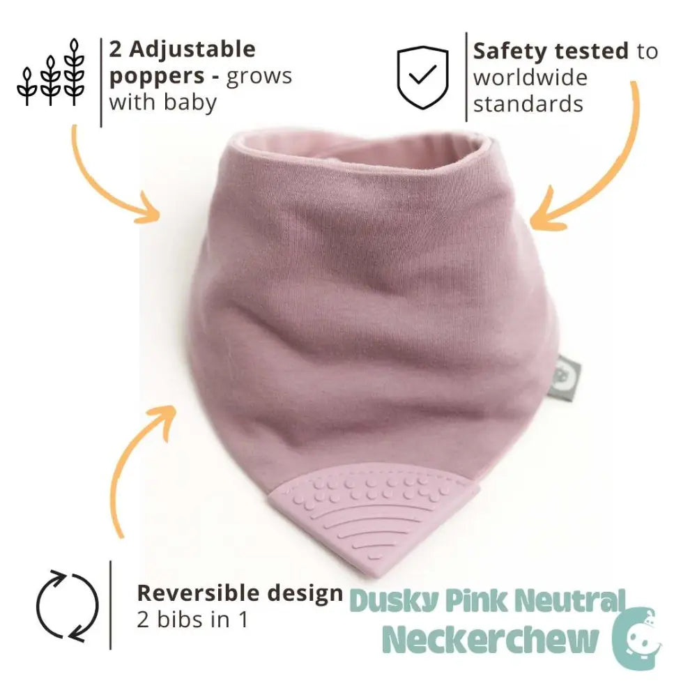 Cheeky Chompers Neckerchew for Babies &amp; Toddlers, Reversible Bib with Attached Silicone Teether, Super Absorbent, BPA-Free, 2–24 Months - Dusty Pink