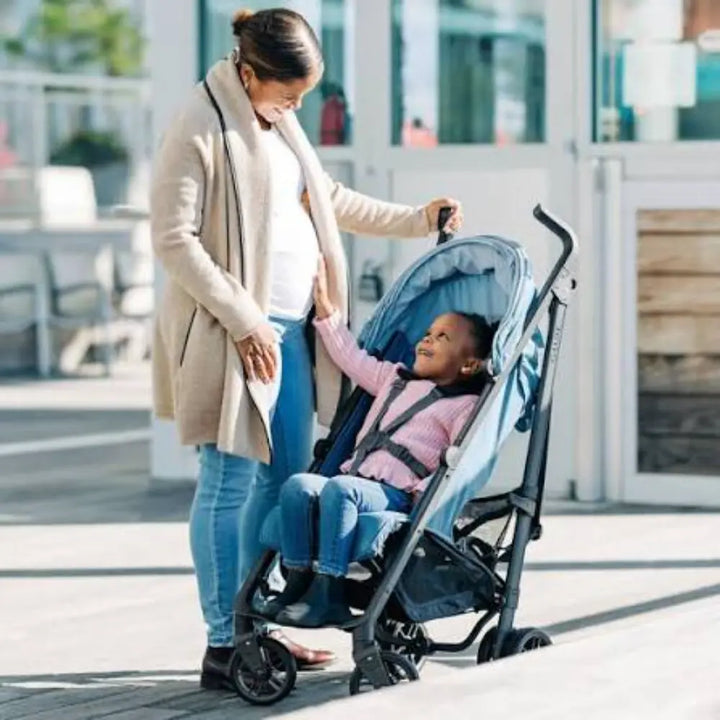 UPPAbaby G-Luxe Lightweight Compact Stroller, Easy Fold, Flat Recline, Travel Friendly, Includes Cup Holder, Carry Strap, Sun Canopy up to 4 years - Blue/Charlotte