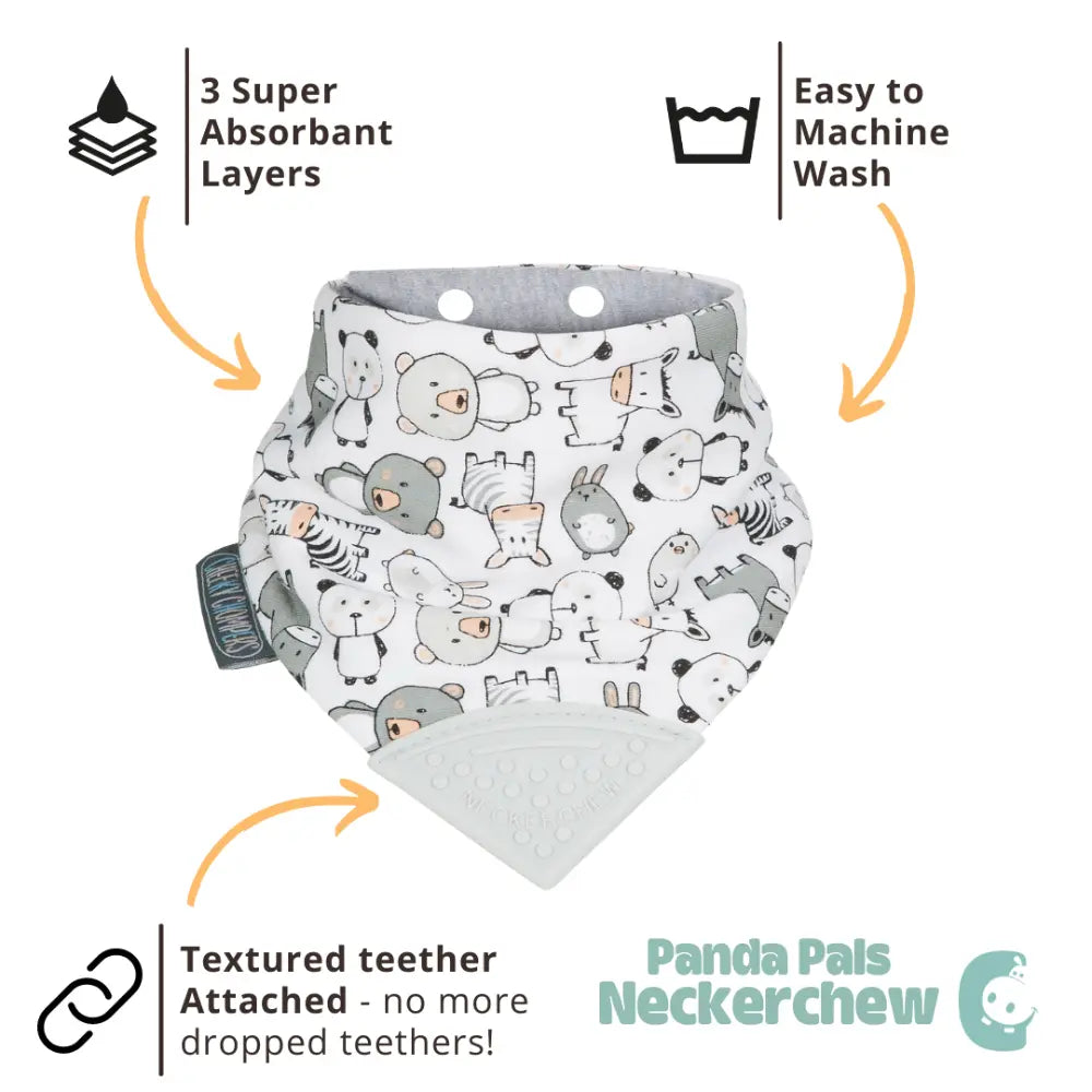 Cheeky Chompers Neckerchew for Babies &amp; Toddlers, Reversible Bib with Attached Silicone Teether, Super Absorbent, BPA-Free, 2–24 Months - Panda Pals