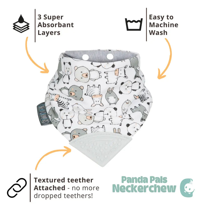 Cheeky Chompers Neckerchew for Babies &amp; Toddlers, Reversible Bib with Attached Silicone Teether, Super Absorbent, BPA-Free, 2–24 Months - Panda Pals