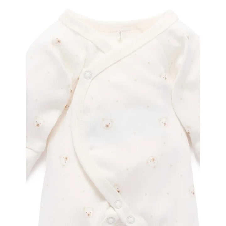 Purebaby Organic Bear Cotton Preemie Baby Crossover Long Sleeve Growsuit - Vanilla