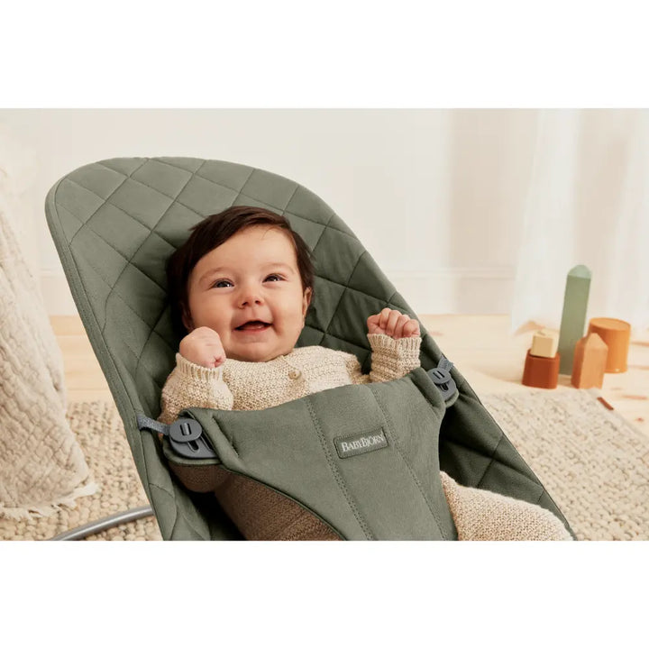 BabyBjorn Bliss Bouncer Quilted Fabric, Lightweight Ergonomic Baby Bouncer with Natural Rocking, Convertible to a Toddler Chair, Newborn to Toddler (0–2 Years) - Dark Green