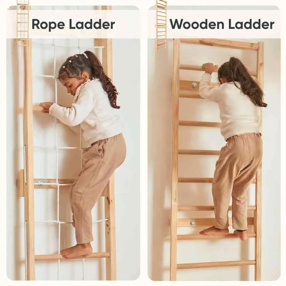 Curious Cub Space Saver Jungle Gym 4 | 5 Components - Wooden Ladder, Rope Ladder, Monkey Bar, Gymnastics Rings, Disk Swing | Ages 4-15 Years