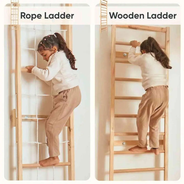 Curious Cub Space Saver Jungle Gym 4 | 5 Components - Wooden Ladder, Rope Ladder, Monkey Bar, Gymnastics Rings, Disk Swing | Ages 4-15 Years