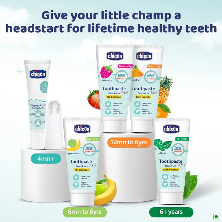 Chicco Toothpaste for Kids (1-6y), Mix Fruit Flavour, 50g | No Fluoride (Pack of 2)