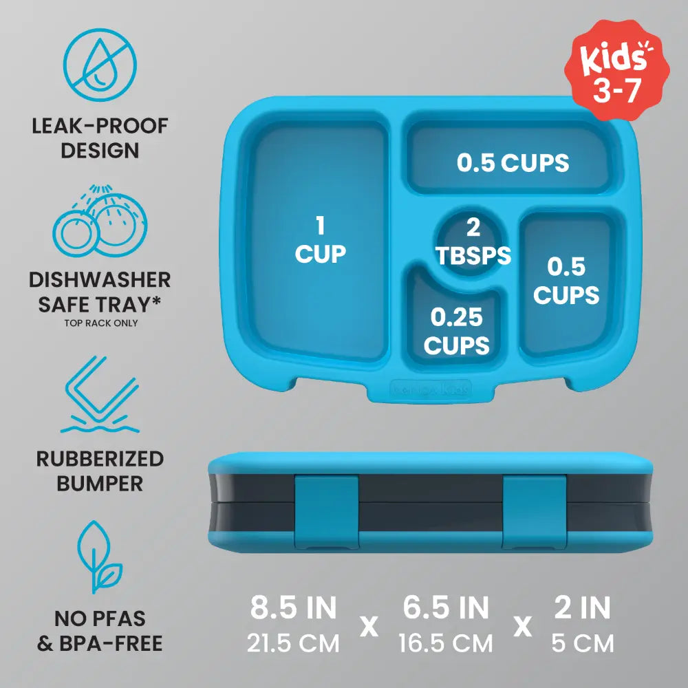Bentgo Kids Prints with 5 Compartments, Leak-Proof Bento Lunch Box, BPA &amp; PFAS-Free, Microwave &amp; Dishwasher Safe Tray,  3–7 Years - Dinosaur