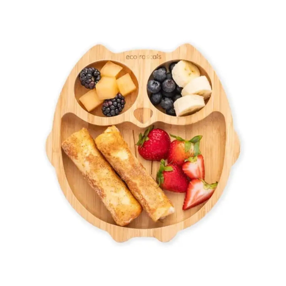 Eco Rascals Bamboo Owl Shaped Plate - Baby Led Weaning, 3 Section Plate - Non Toxic, Natural Bamboo with Strong Suction, FDA Approved, 100% Silicone Suction Bases, BPA-PVC Free - Green