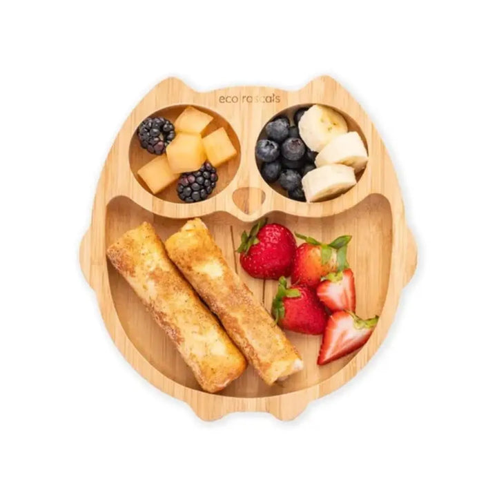 Eco Rascals Bamboo Owl Shaped Plate - Baby Led Weaning, 3 Section Plate - Non Toxic, Natural Bamboo with Strong Suction, FDA Approved, 100% Silicone Suction Bases, BPA-PVC Free - Green