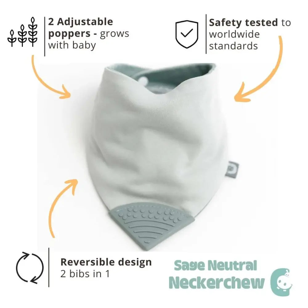 Cheeky Chompers Neckerchew for Babies &amp; Toddlers, Reversible Bib with Attached Silicone Teether, Super Absorbent, BPA-Free, 2–24 Months - Sage Green