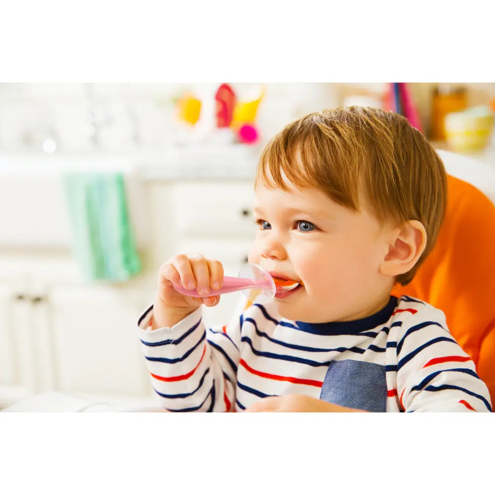 Munchkin Gentle Silicone Training Spoon Set – Anti-Choking Self-Feeding Spoons with Spoon Rest, BPA-Free, 6+ Months - Purple &amp; Pink